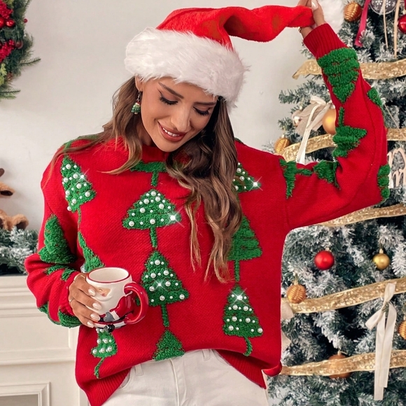 Women's Casual Round Neck Drop Shoulder Long Sleeve Christmas Tree Pattern